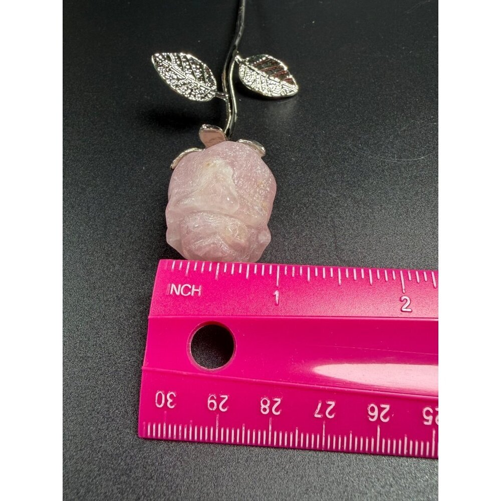 Hand Carved Rose Quartz Flower Pink Stone Healing Crystal Silver Tone Stem 6" - Picture 9 of 9